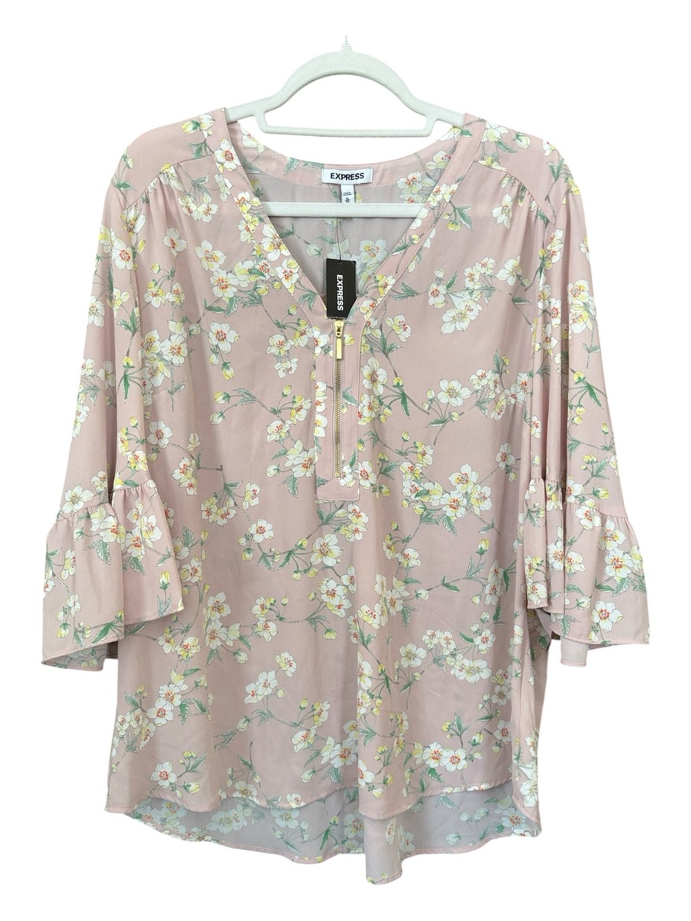 Express Women's Blush Pink Floral Blouse with Bell Sleeves